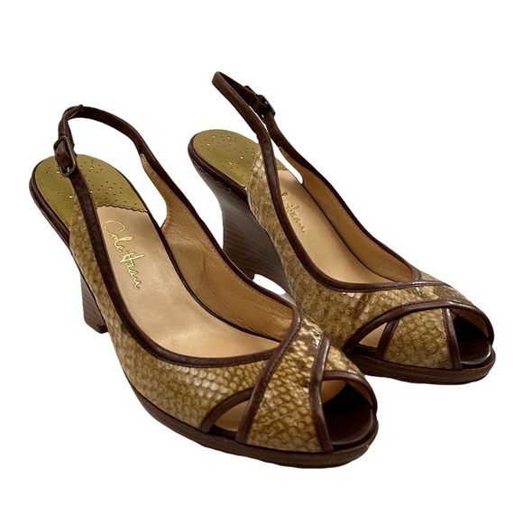 Cole Haan Shoes - COLE HAAN Textured Snakeskin Slingback Peep Toe Wedge Sandals